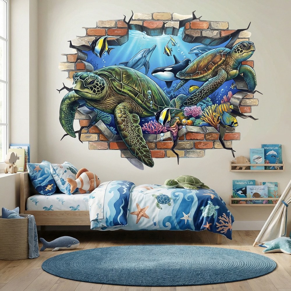 Stickers muraux: Trou de Mur Tortues Marines et Dauphins