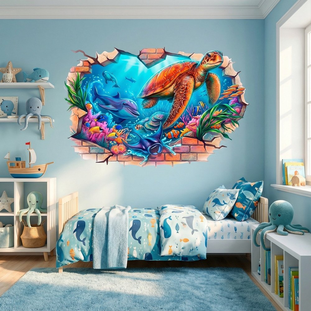 Stickers muraux: rou de Mur Monde Marin avec Dauphins et Tortue