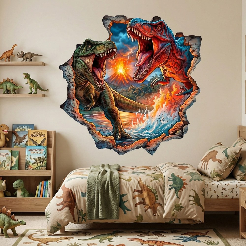 Stickers pour enfants: Trou dans le Mur Dinosaures T-Rex Volcan en Érupti