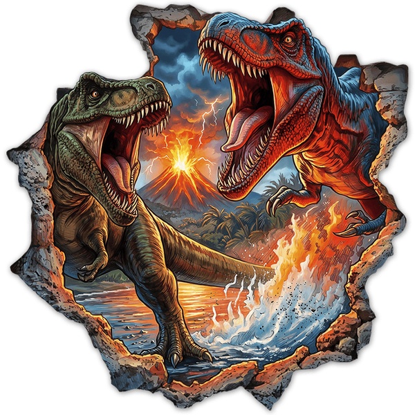 Stickers pour enfants: Trou dans le Mur Dinosaures T-Rex Volcan en Érupti