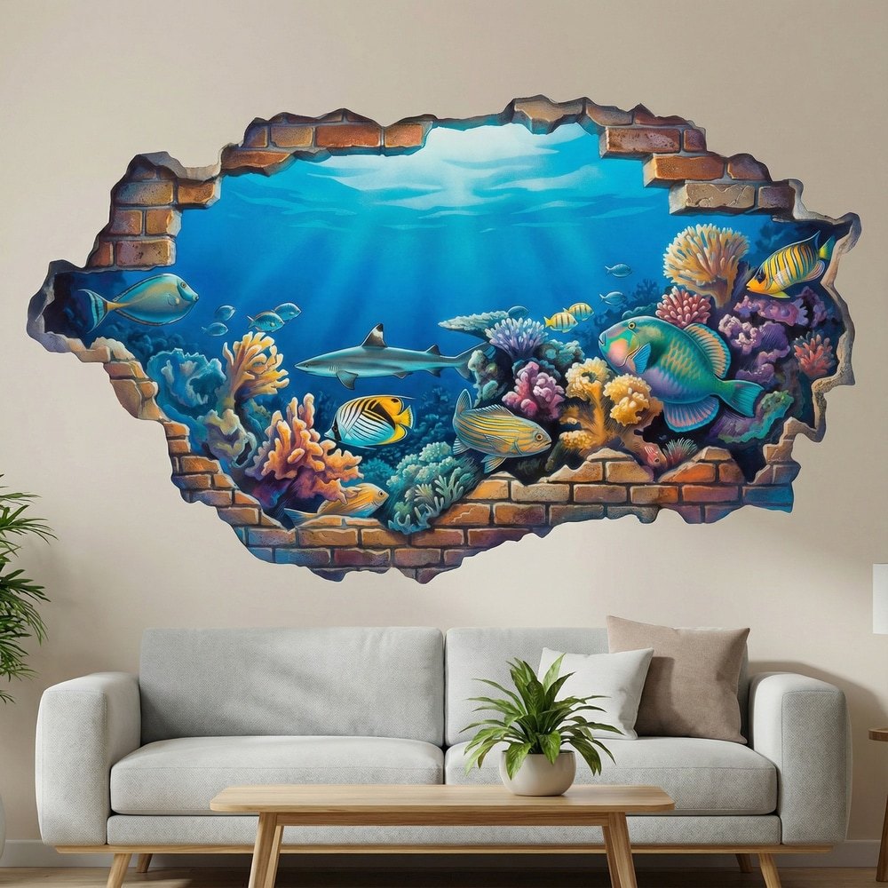 Stickers muraux: Trou dans le Mur Récif Tropical avec Poissons Colo