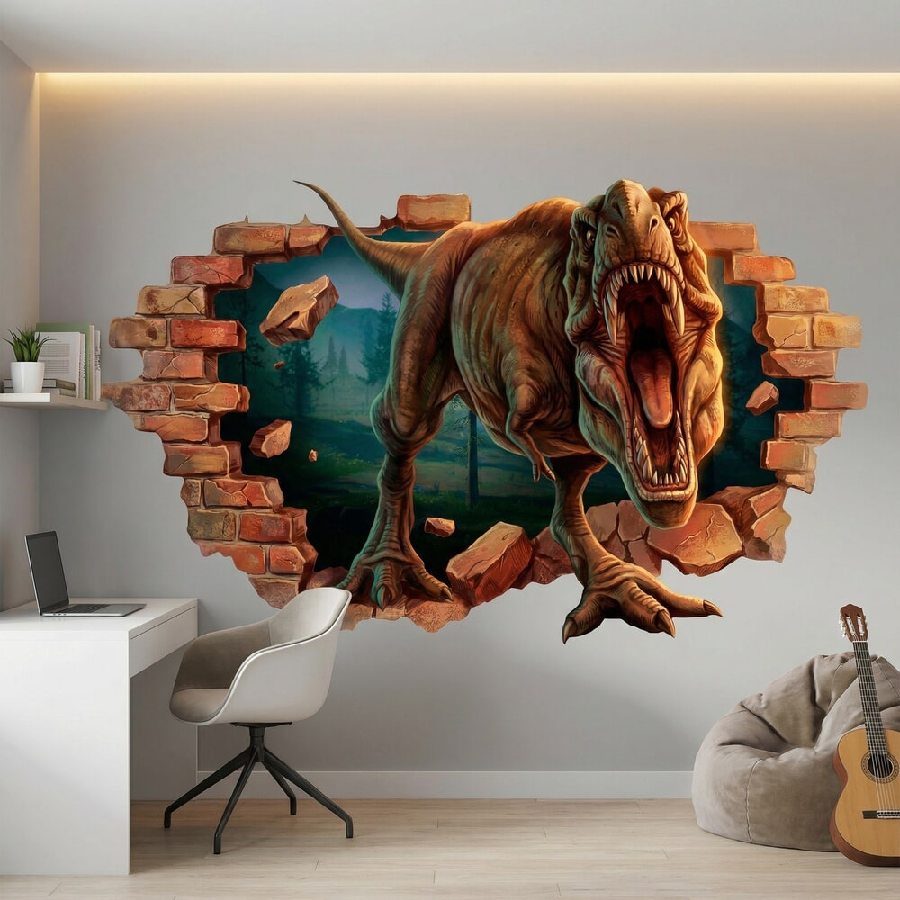 Stickers pour enfants: T-Rex Furieux Brèche dans le Mur