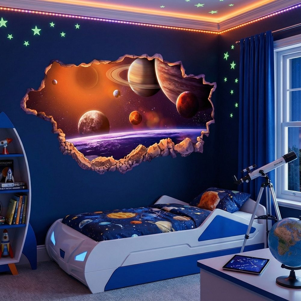 Stickers pour enfants: Trou de Mur Cosmos avec Galaxies et Planètes