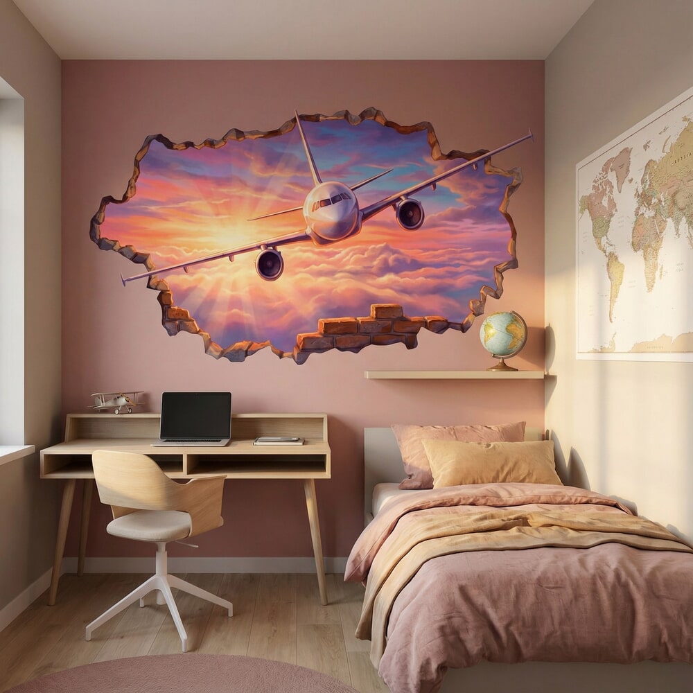 Stickers muraux: Avion à Travers le Mur au Coucher du Soleil