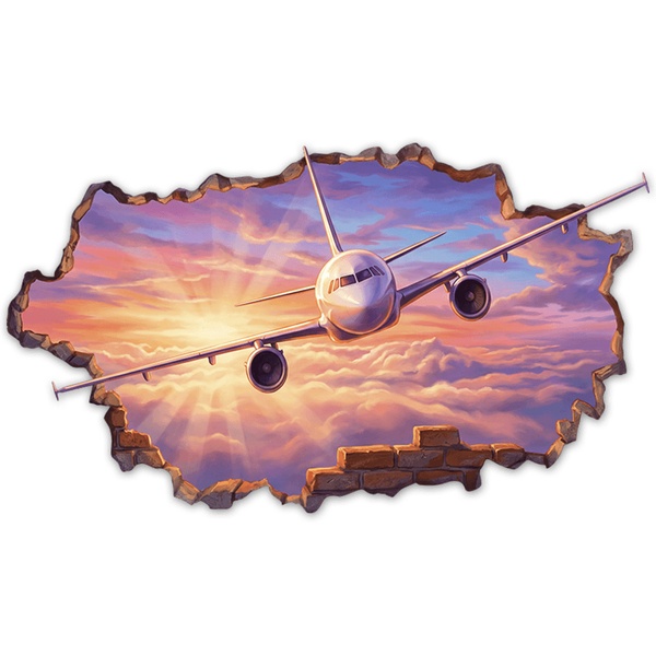 Stickers muraux: Avion à Travers le Mur au Coucher du Soleil
