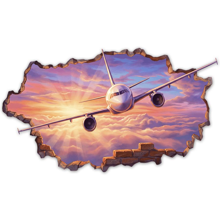 Stickers muraux: Avion à Travers le Mur au Coucher du Soleil