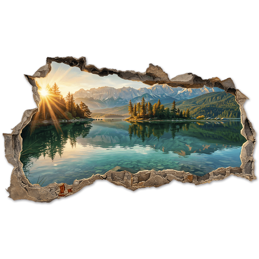 Stickers muraux: Sticker 3D Lac Alpin au Petit Matin Trou dans le m