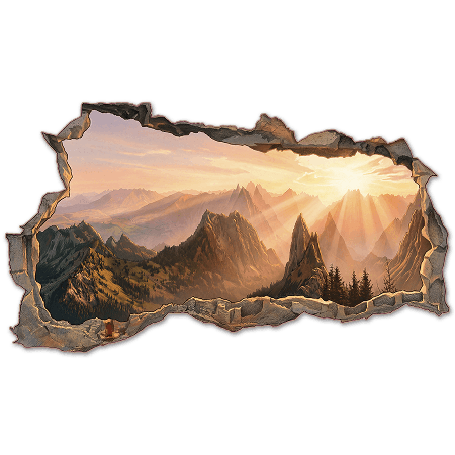 Stickers muraux: Trou dans le Mur Montagnes Dor&eacute;es au Lever du Sole