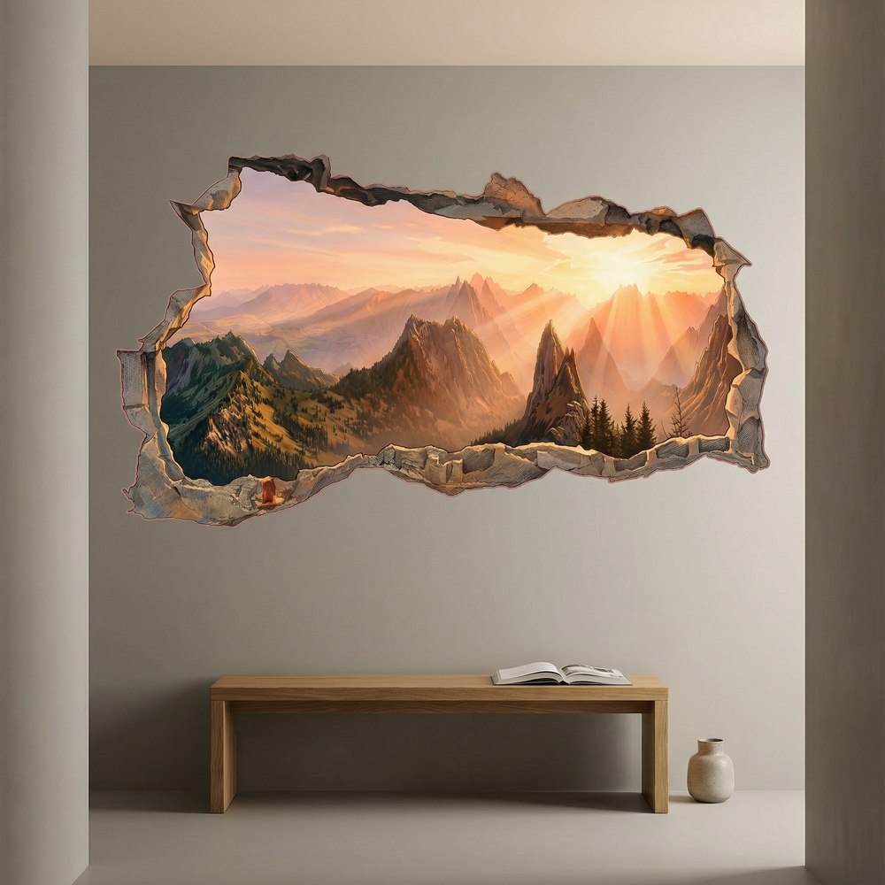 Stickers muraux: Trou dans le Mur Montagnes Dor&eacute;es au Lever du Sole