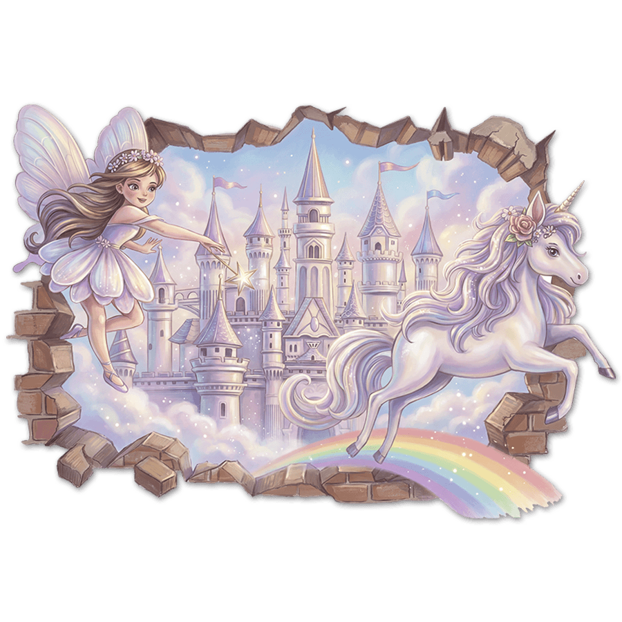 Stickers pour enfants: Trou de Mur F&eacute;e, Ch&acirc;teau et Licorne