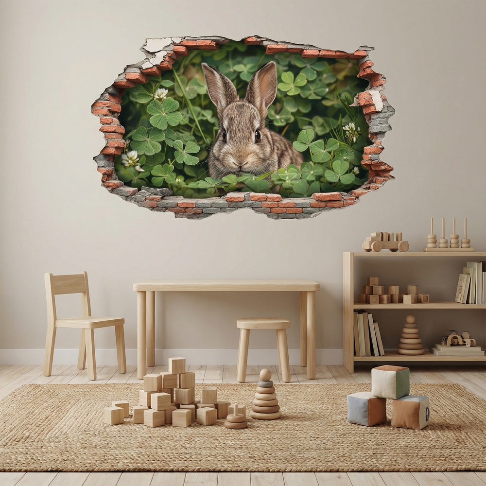 Stickers muraux: Trou de Mur Lapin Tr&egrave;fles