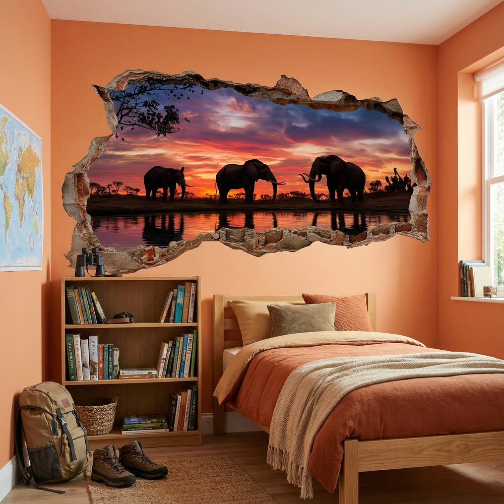 Stickers muraux: Trou de Mur &Eacute;l&eacute;phants Coucher de Soleil