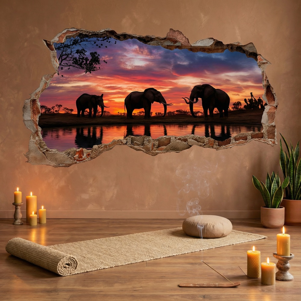 Stickers muraux: Trou de Mur &Eacute;l&eacute;phants Coucher de Soleil