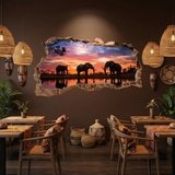 Stickers muraux: Trou de Mur &Eacute;l&eacute;phants Coucher de Soleil 7