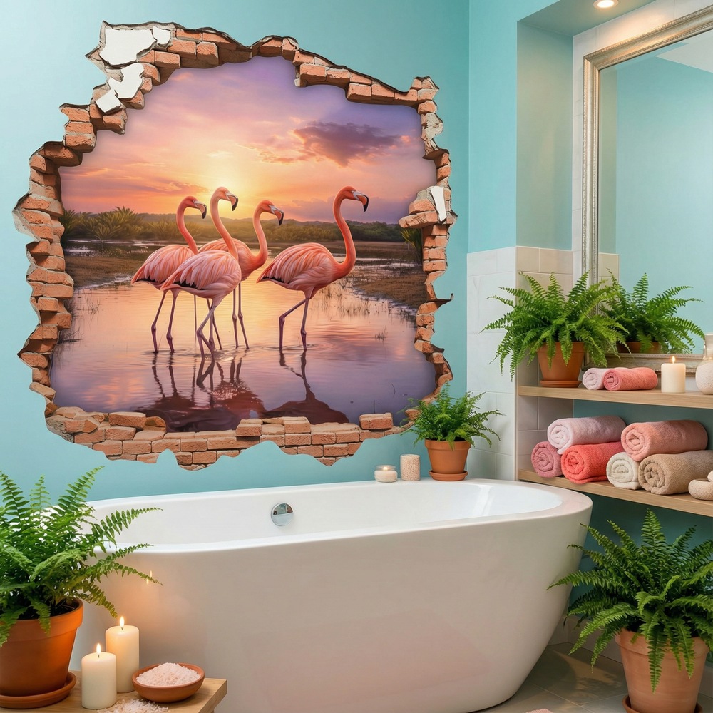 Stickers muraux: Trou de Mur Flamants Roses Coucher de Soleil