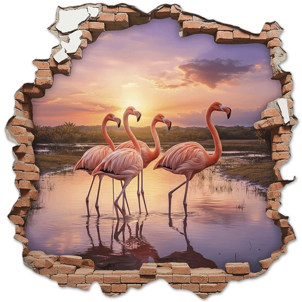 Stickers muraux: Trou de Mur Flamants Roses Coucher de Soleil