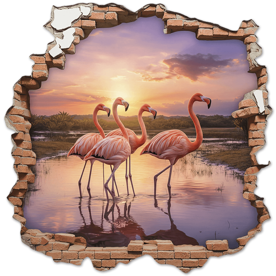 Stickers muraux: Trou de Mur Flamants Roses Coucher de Soleil