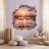 Stickers muraux: Trou de Mur Flamants Roses Coucher de Soleil 3
