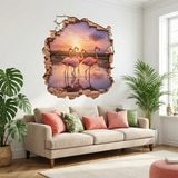 Stickers muraux: Trou de Mur Flamants Roses Coucher de Soleil 4