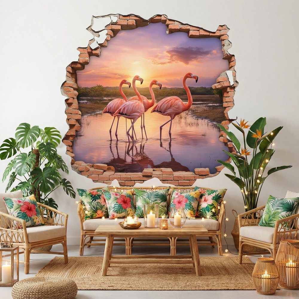 Stickers muraux: Trou de Mur Flamants Roses Coucher de Soleil