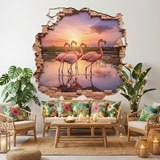 Stickers muraux: Trou de Mur Flamants Roses Coucher de Soleil 5