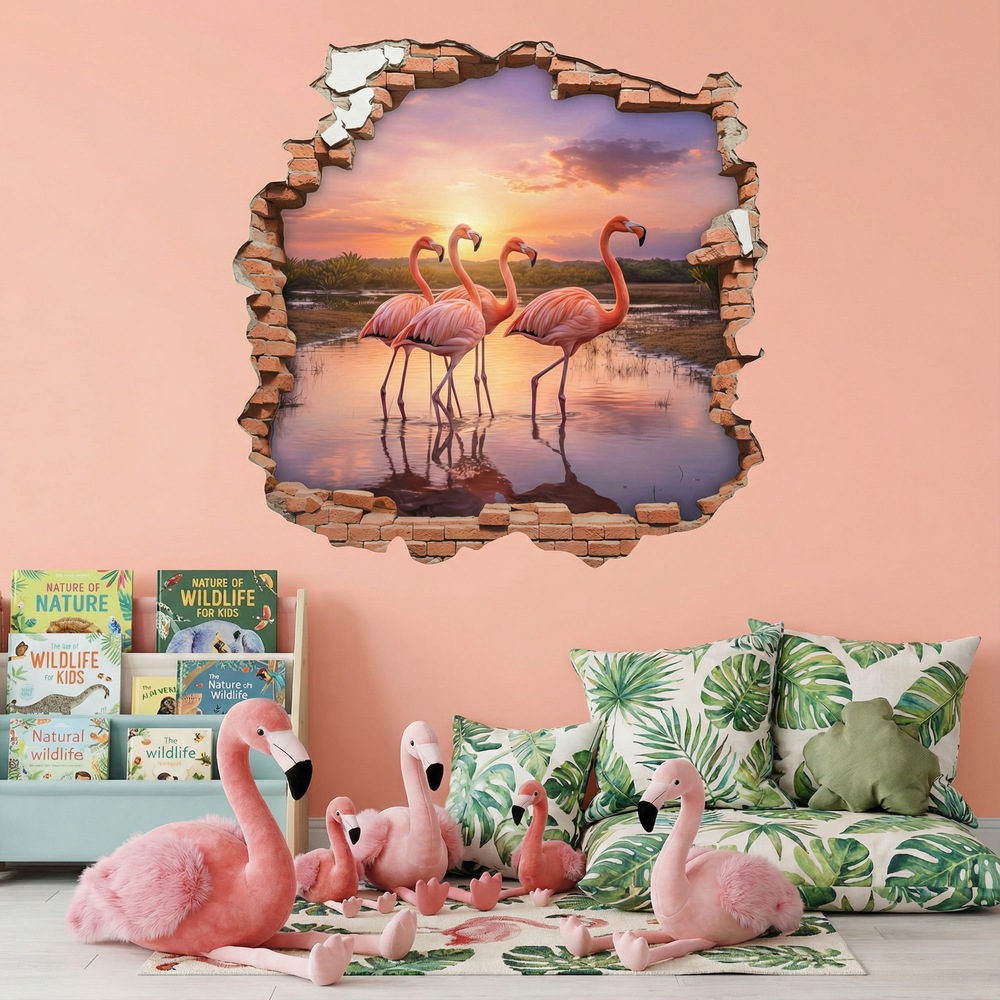 Stickers muraux: Trou de Mur Flamants Roses Coucher de Soleil