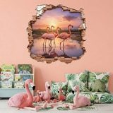 Stickers muraux: Trou de Mur Flamants Roses Coucher de Soleil 6