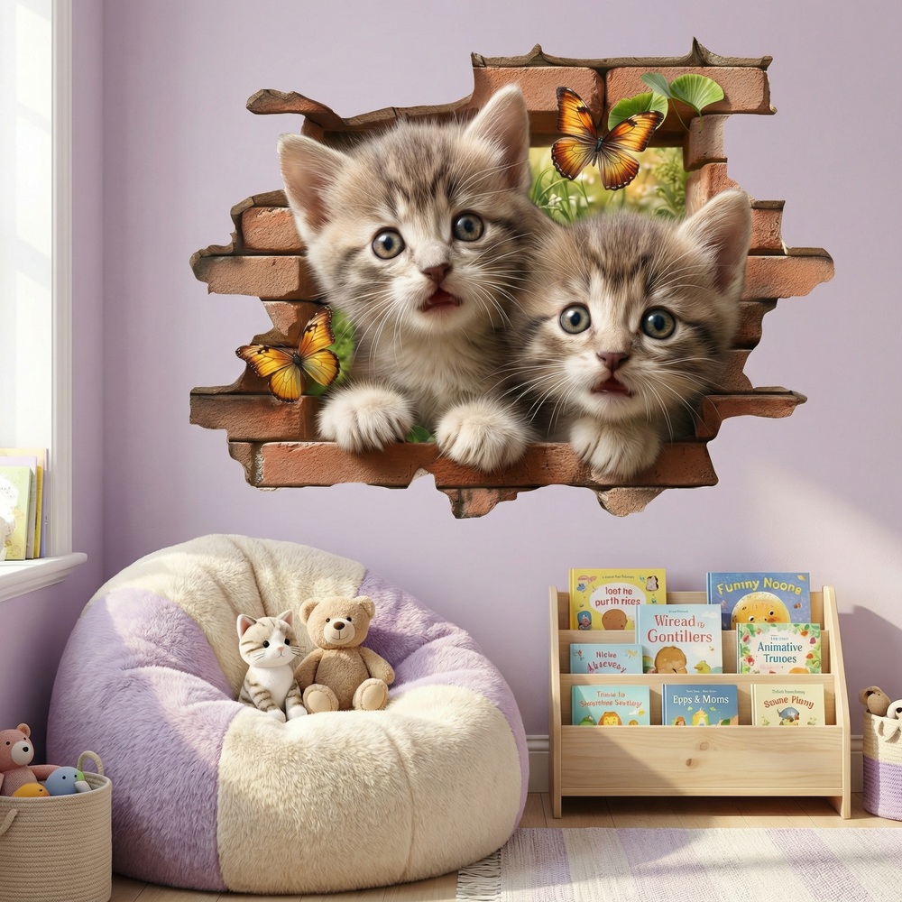 Stickers muraux: Trou de Mur Chatons Papillons