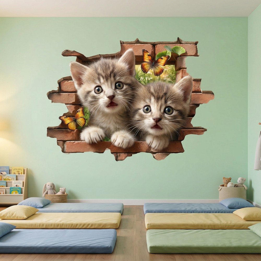 Stickers muraux: Trou de Mur Chatons Papillons