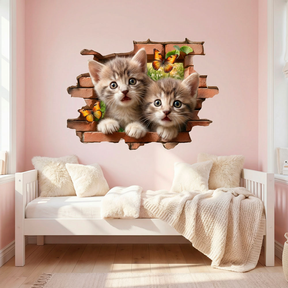 Stickers muraux: Trou de Mur Chatons Papillons