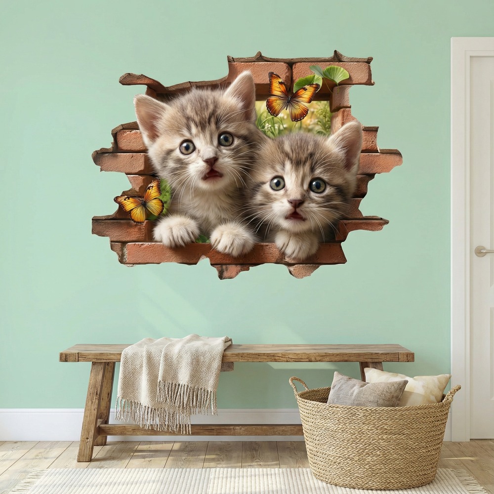 Stickers muraux: Trou de Mur Chatons Papillons
