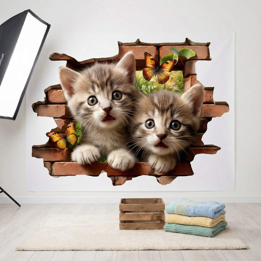 Stickers muraux: Trou de Mur Chatons Papillons