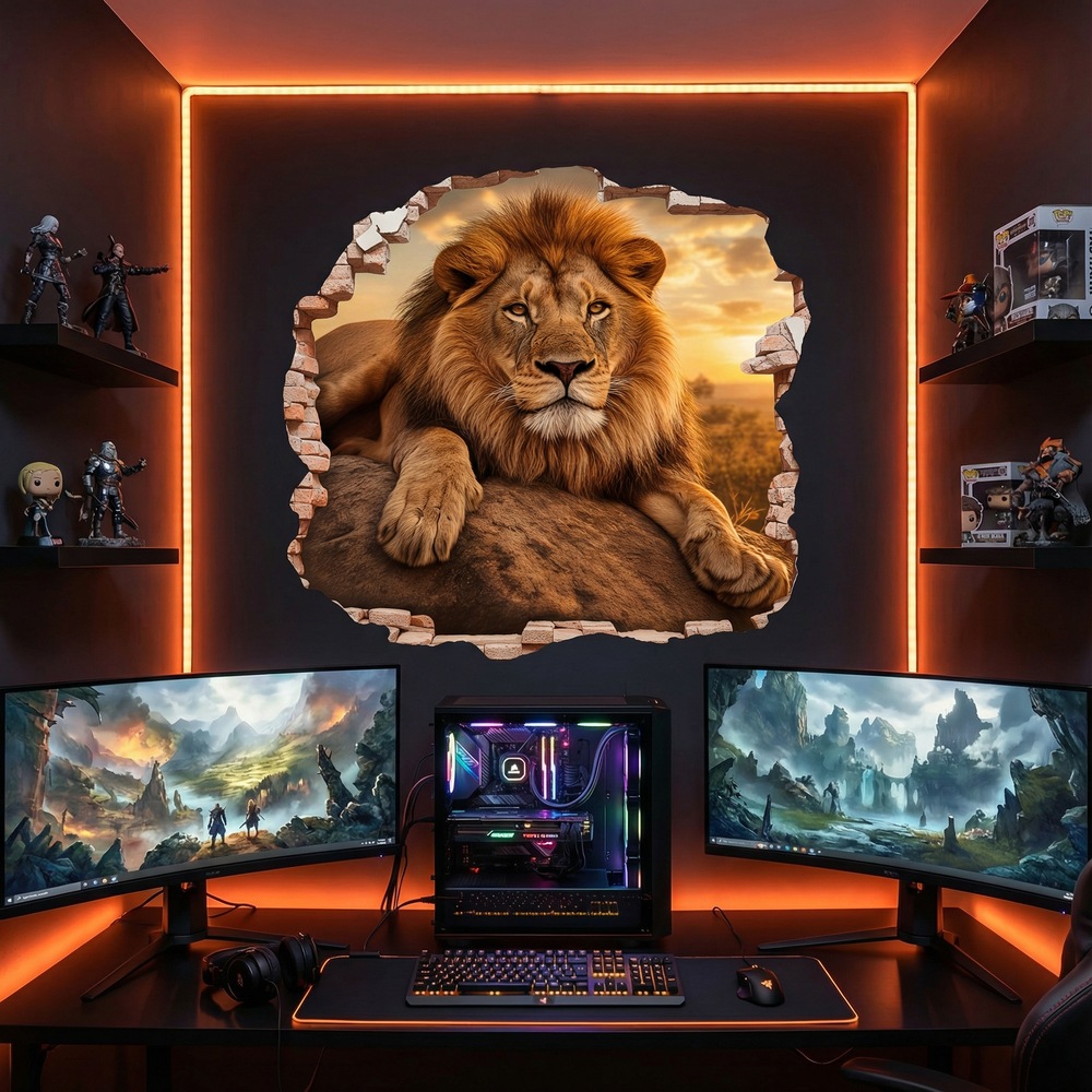 Stickers muraux: Trou de Mur Lion Coucher de Soleil