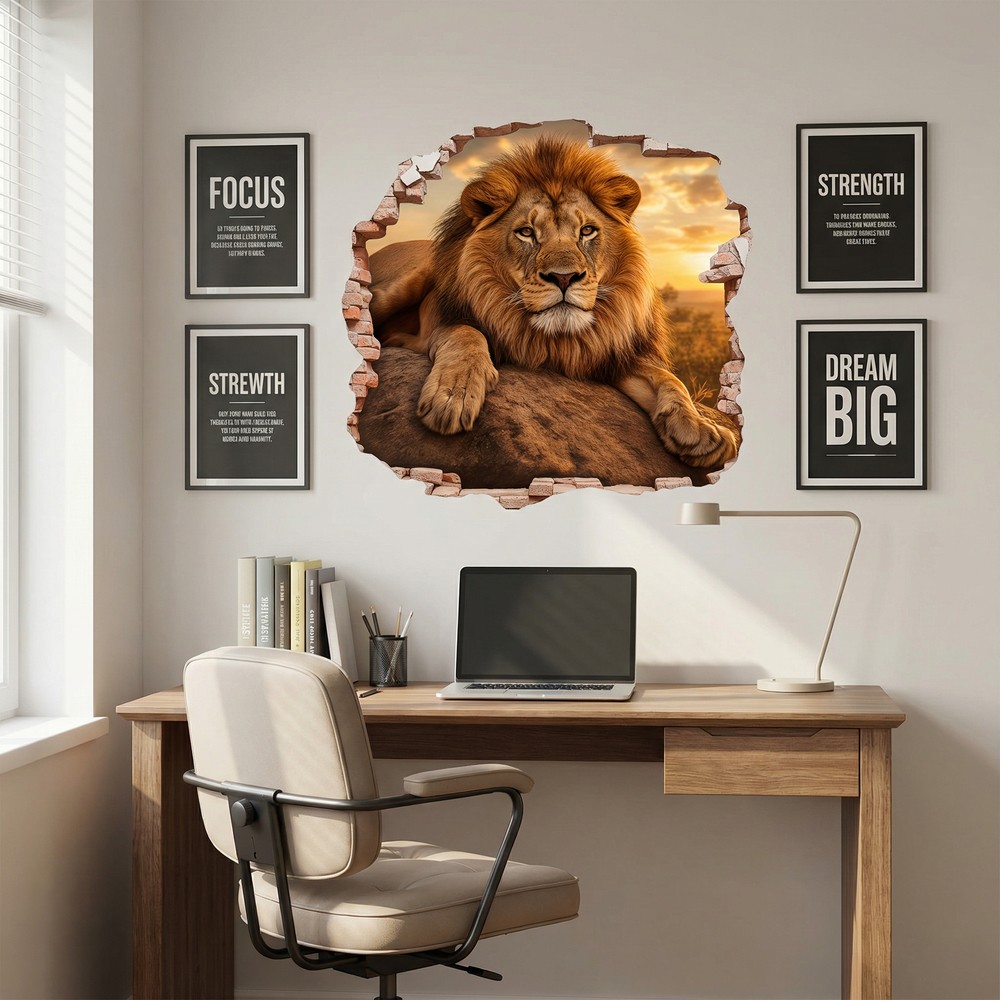 Stickers muraux: Trou de Mur Lion Coucher de Soleil