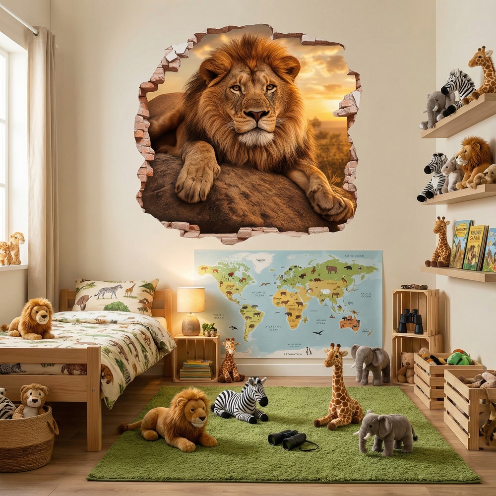 Stickers muraux: Trou de Mur Lion Coucher de Soleil