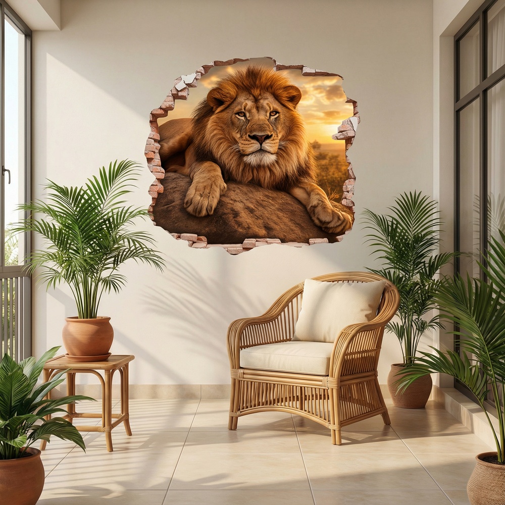 Stickers muraux: Trou de Mur Lion Coucher de Soleil