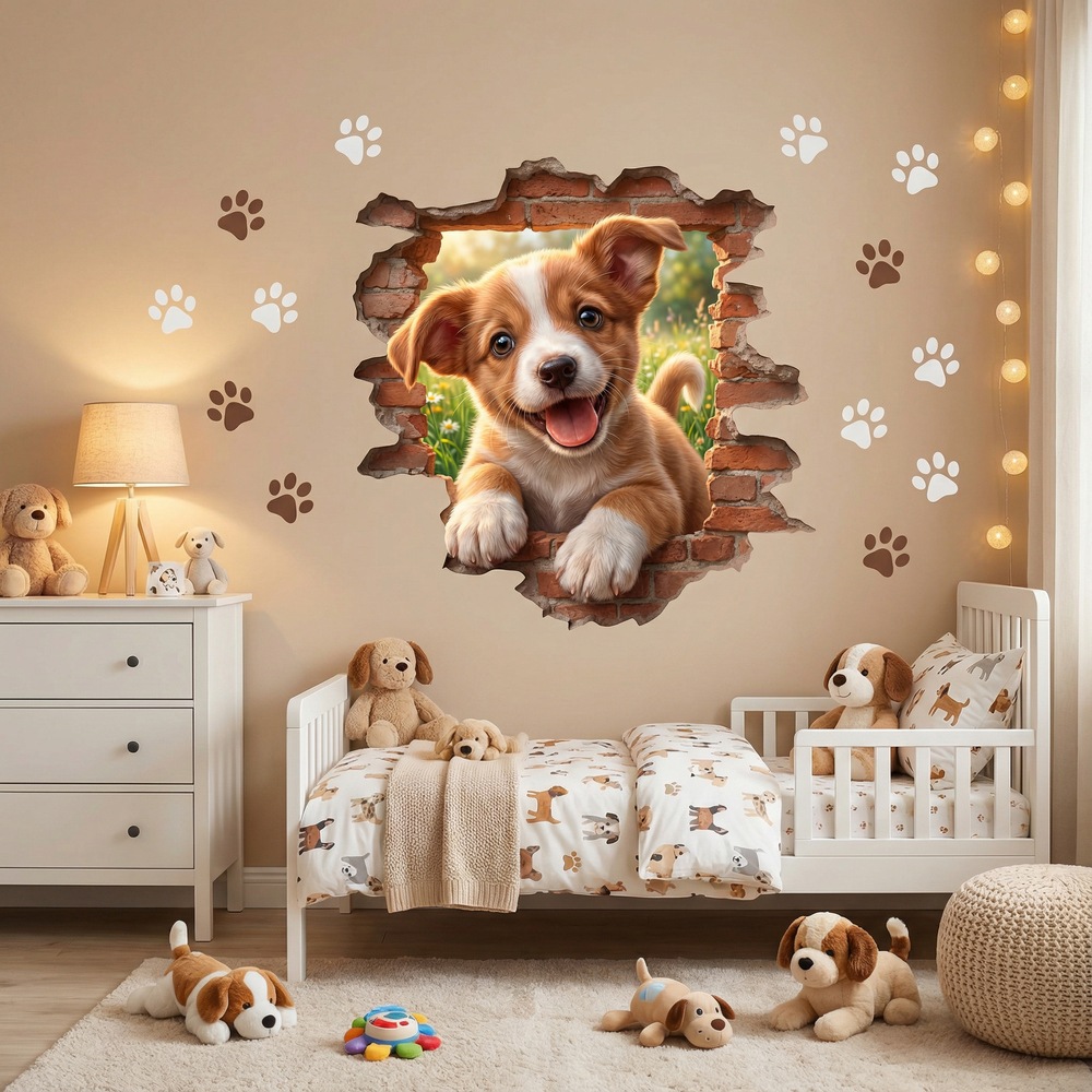 Stickers muraux: Trou de Mur Chiot Heureux