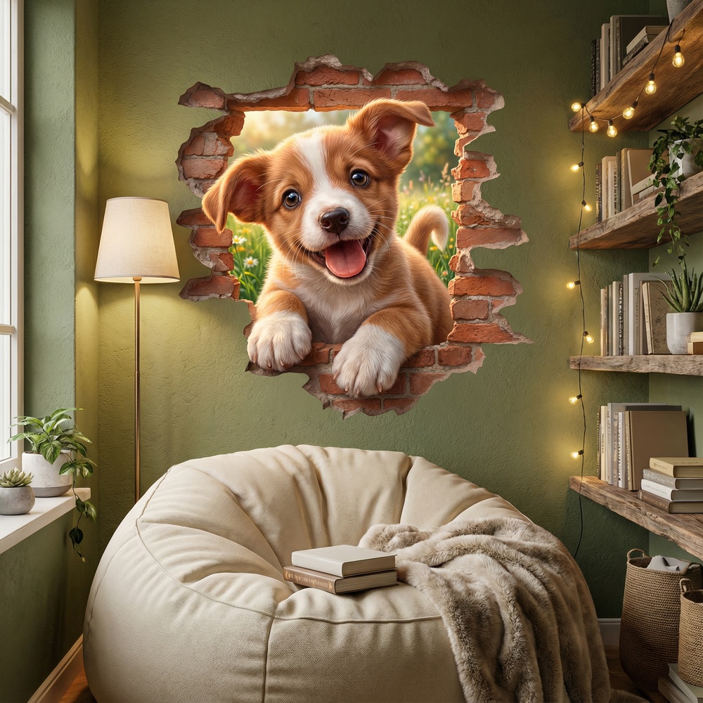 Stickers muraux: Trou de Mur Chiot Heureux