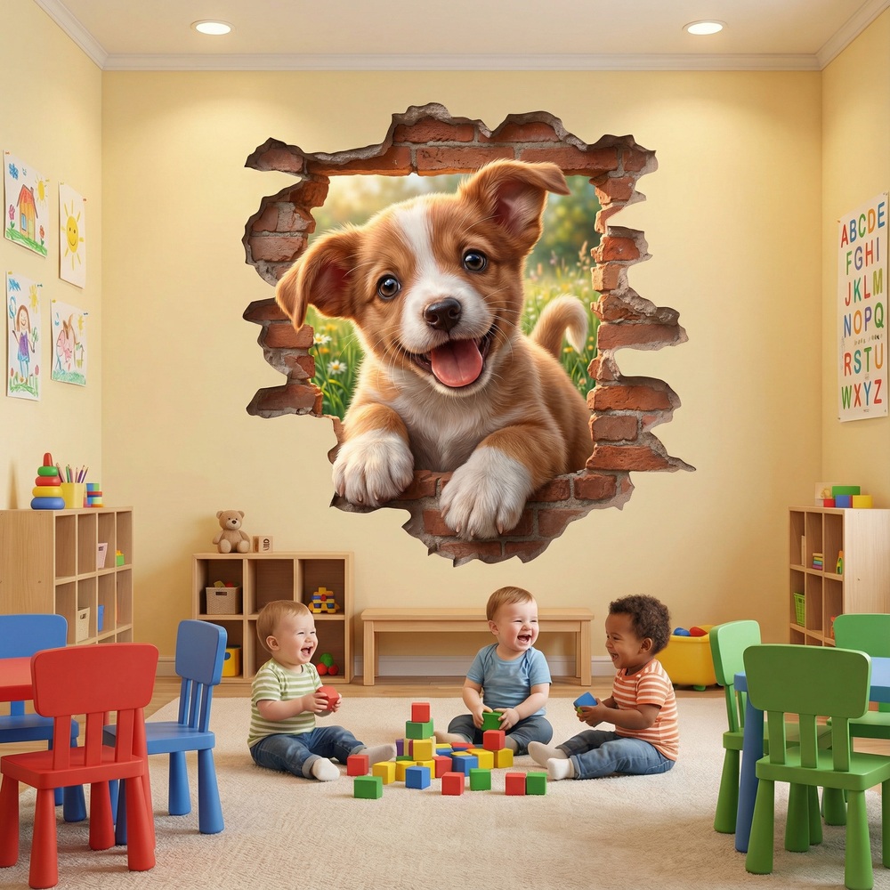 Stickers muraux: Trou de Mur Chiot Heureux