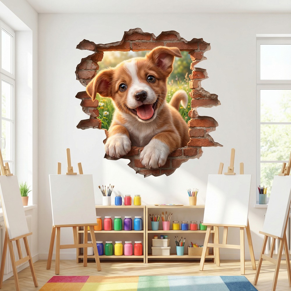 Stickers muraux: Trou de Mur Chiot Heureux
