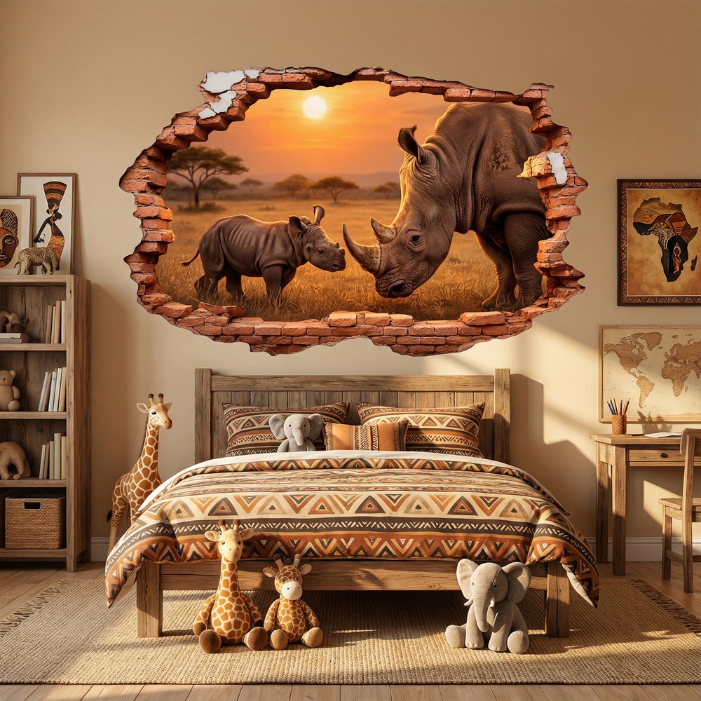 Stickers muraux: Trou de Mur Rhinoc&eacute;ros Coucher de Soleil