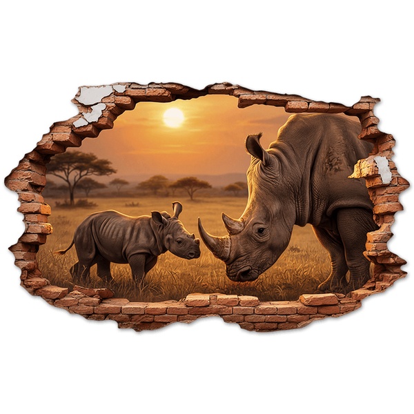 Stickers muraux: Trou de Mur Rhinoc&eacute;ros Coucher de Soleil