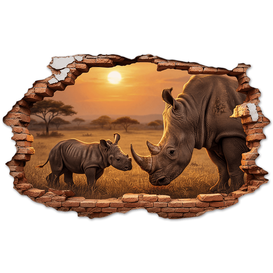 Stickers muraux: Trou de Mur Rhinoc&eacute;ros Coucher de Soleil