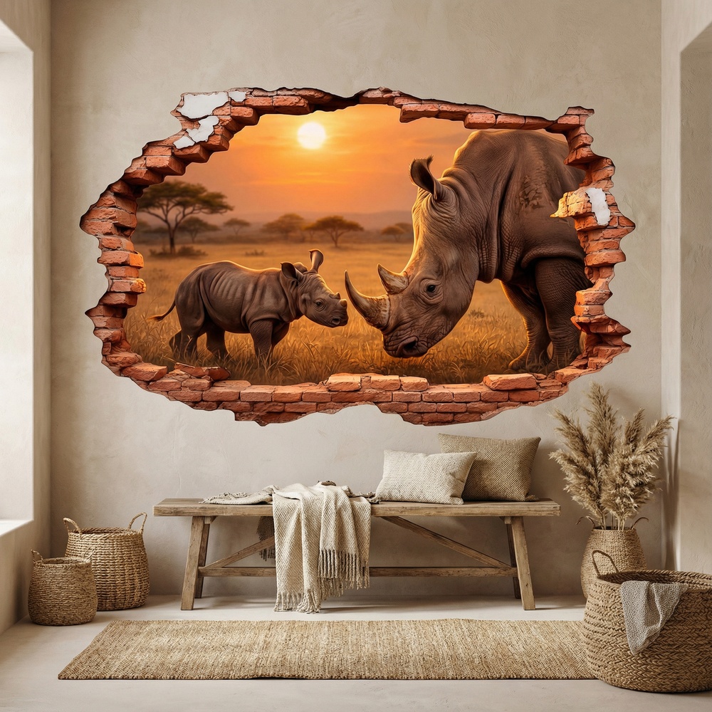 Stickers muraux: Trou de Mur Rhinoc&eacute;ros Coucher de Soleil
