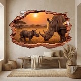 Stickers muraux: Trou de Mur Rhinoc&eacute;ros Coucher de Soleil 4