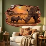 Stickers muraux: Trou de Mur Rhinoc&eacute;ros Coucher de Soleil 6
