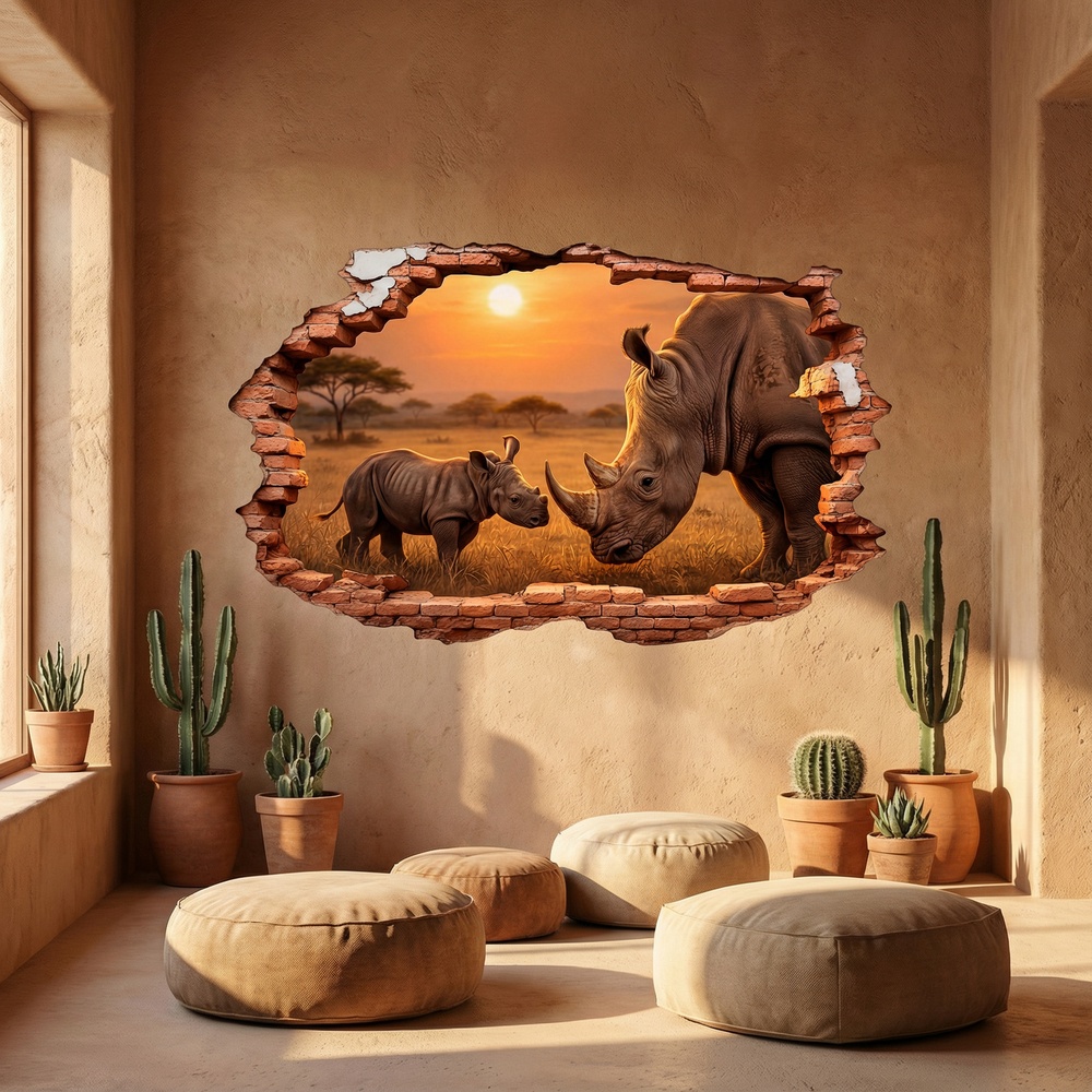 Stickers muraux: Trou de Mur Rhinoc&eacute;ros Coucher de Soleil