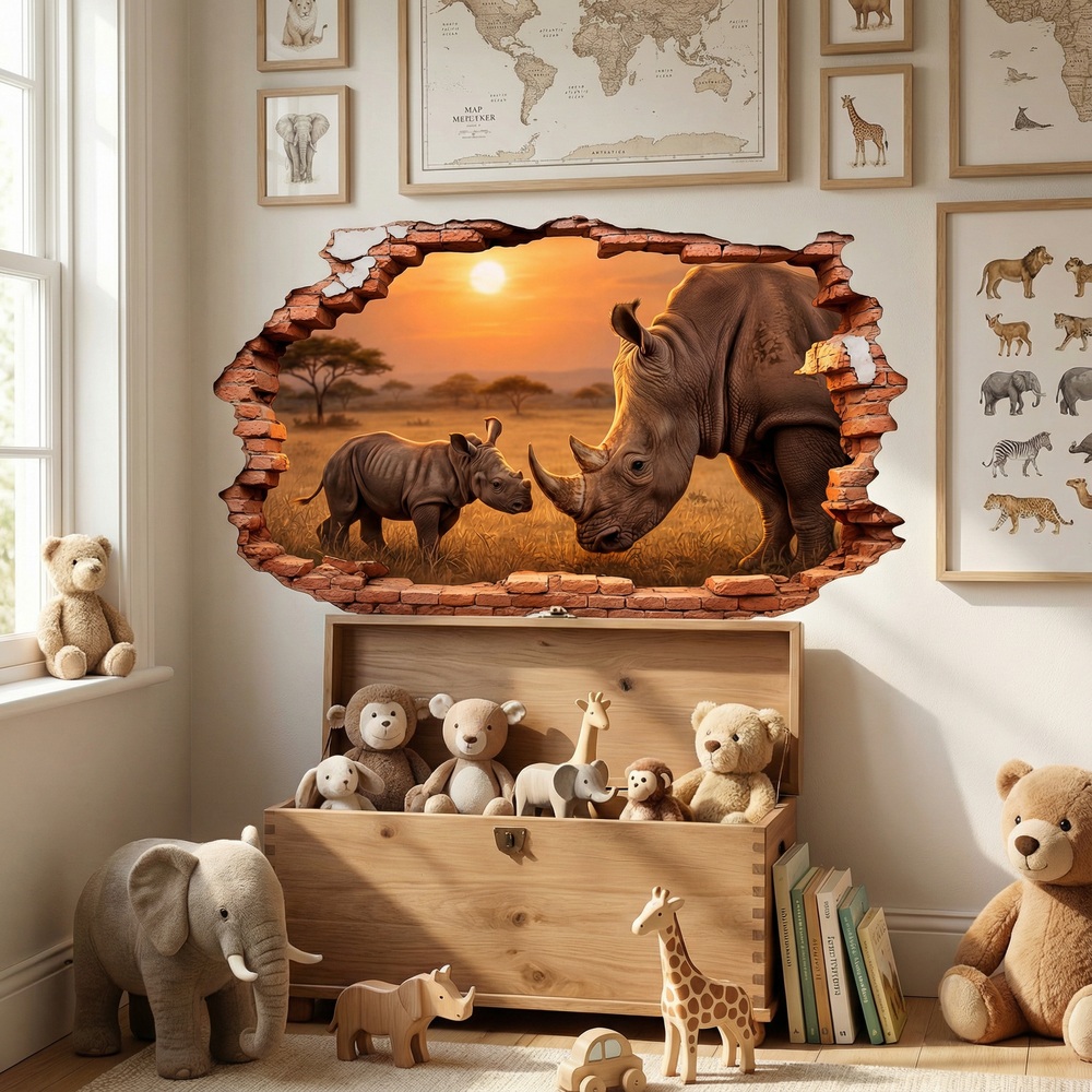 Stickers muraux: Trou de Mur Rhinoc&eacute;ros Coucher de Soleil