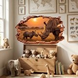 Stickers muraux: Trou de Mur Rhinoc&eacute;ros Coucher de Soleil 9