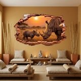 Stickers muraux: Trou de Mur Rhinoc&eacute;ros Coucher de Soleil 10